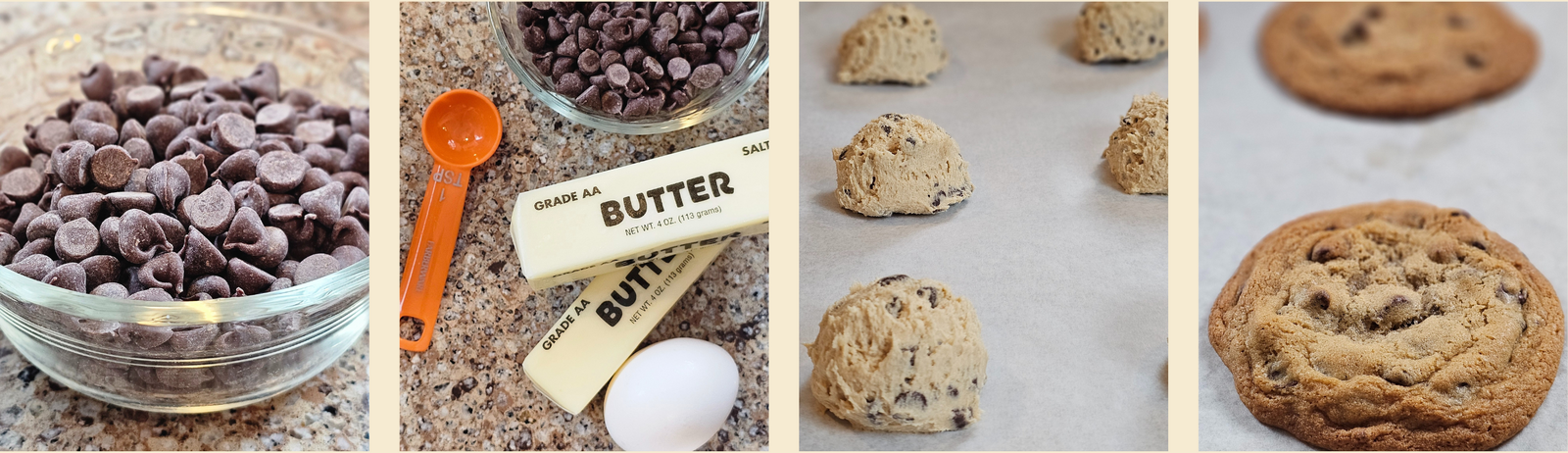Photos of cookie ingredients, dough before baking, and finished chocolate chip cookies.